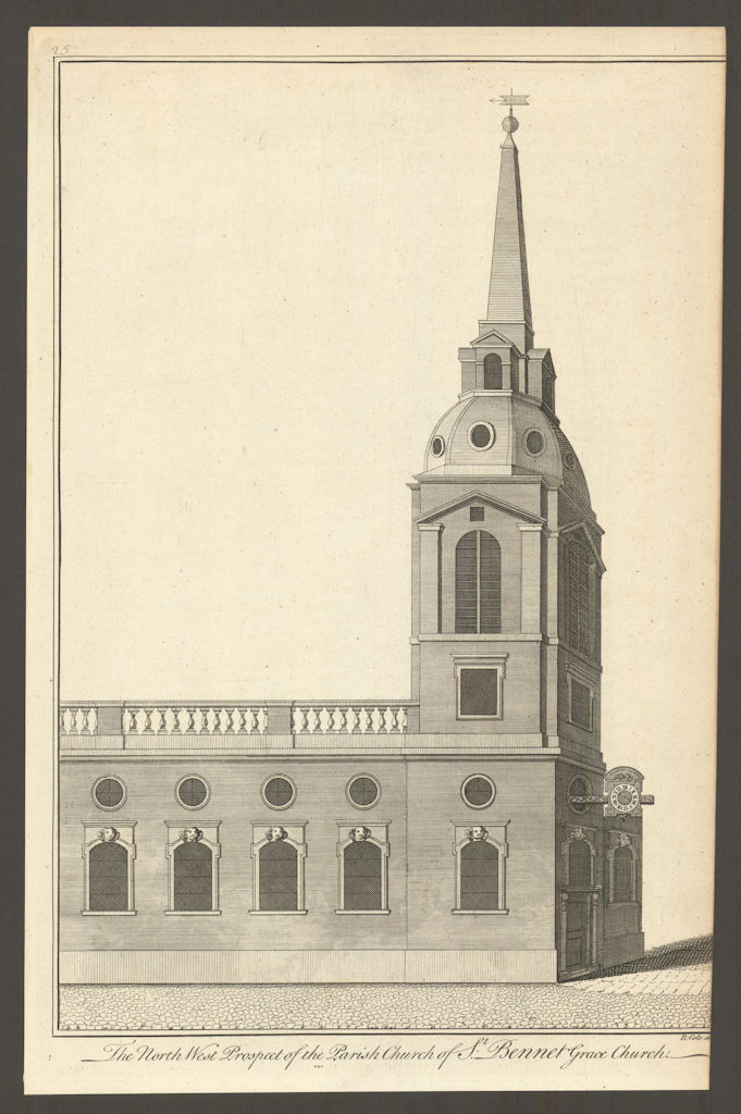 The Parish Church of St Benet Gracechurch by Benjamin Cole 1760 old print