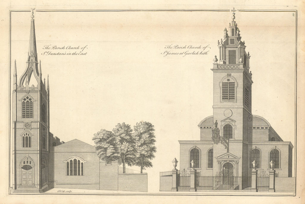 St. Dunstan-in-the-East & St. James Garlickhythe churches by Benjamin Cole 1760