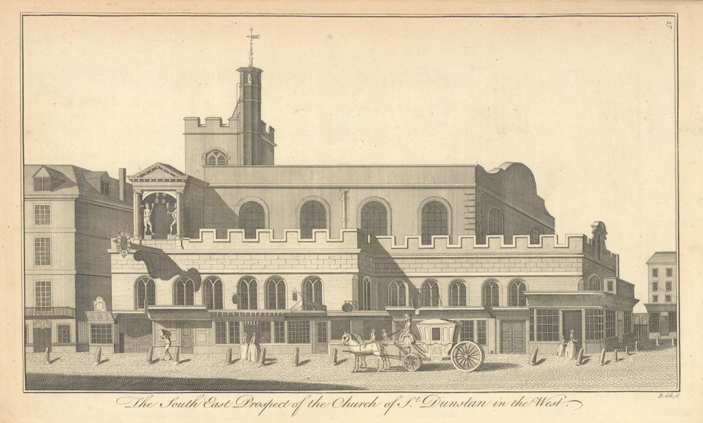 The Church of St Dunstan-in-the-West by Benjamin Cole 1760 old antique print