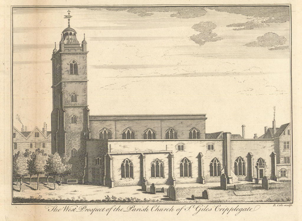 The Parish Church of St Giles-without-Cripplegate by Benjamin Cole 1760 print