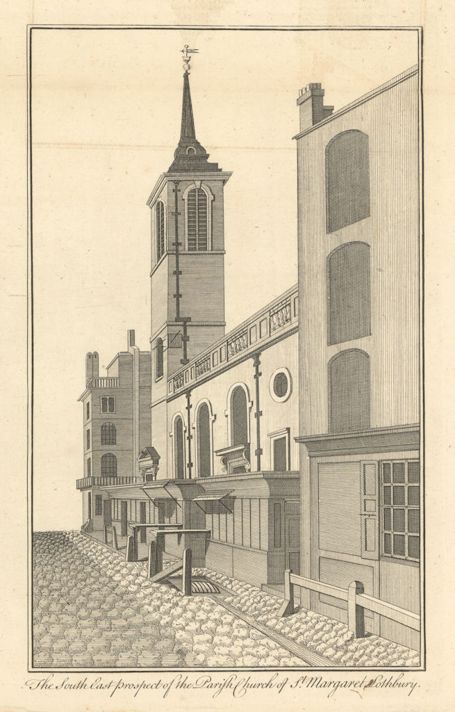 The Parish Church of St Margaret Lothbury by Benjamin Cole 1760 old print