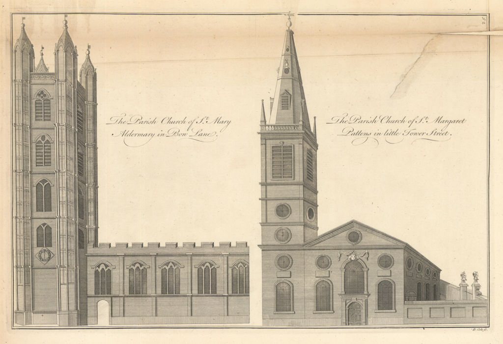 St. Mary Aldermary, Bow Lane & St. Margaret Pattens churches 1760 old print