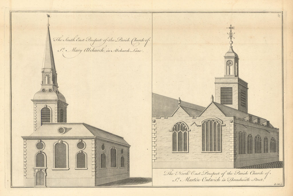 St. Mary Abchurch & St. Martin Outwich by Benjamin Cole 1760 old antique print