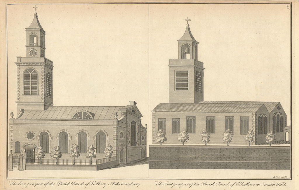 St. Mary Aldermanbury & All Hallows-on-the-wall churches by Benjamin Cole 1760