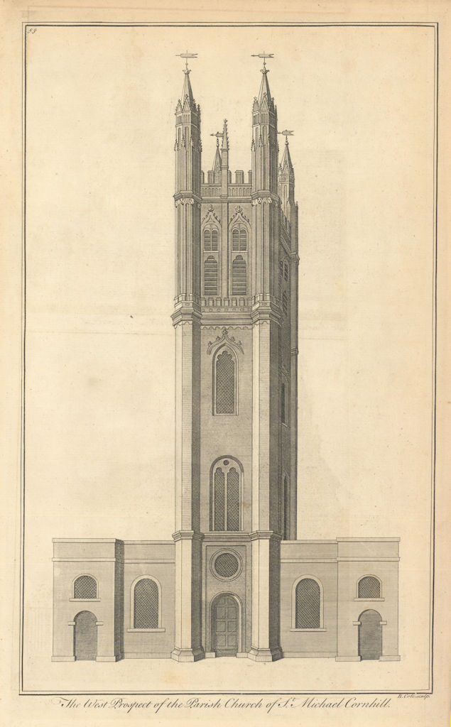 The Parish Church of St Michael Cornhill by Benjamin Cole 1760 old print
