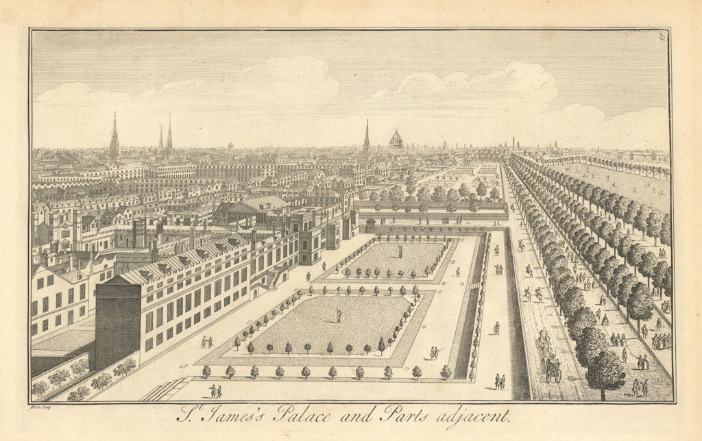 St James's Palace and Parts Adjacent by Benjamin Cole. London 1760 old print