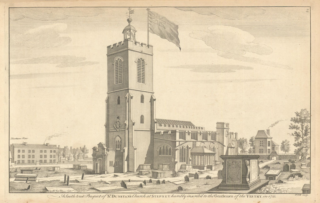 A South West Prospect of St Dunstan's Church, Stepney by Benjamin Cole 1760