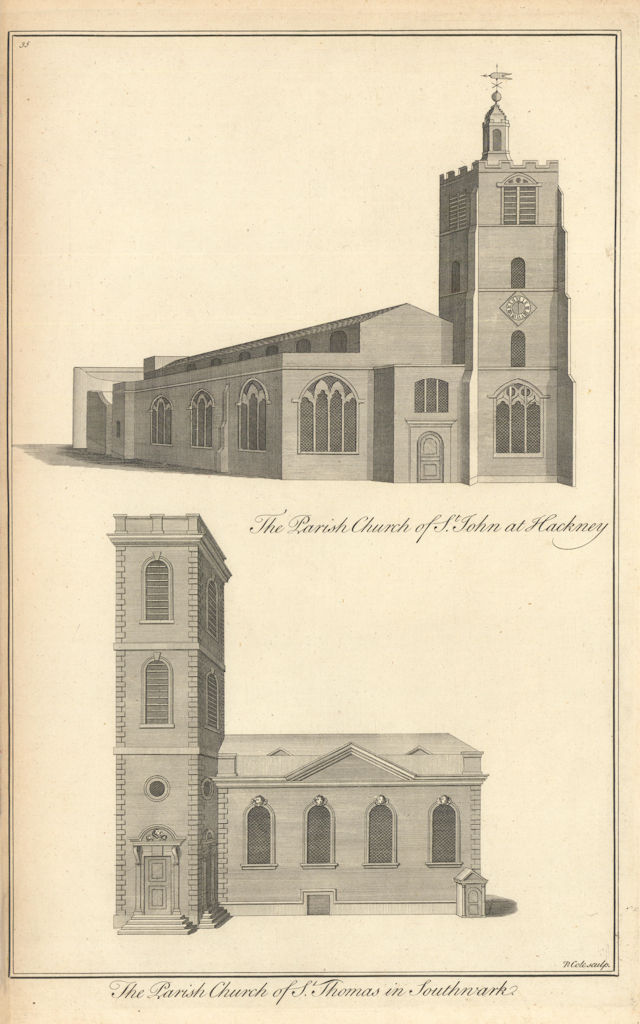 The churches of St John-at-Hackney & St. Thomas, Southwark by Benjamin Cole 1760