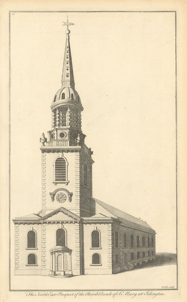 The Parish Church of St Mary at Islington by Benjamin Cole 1760 old print