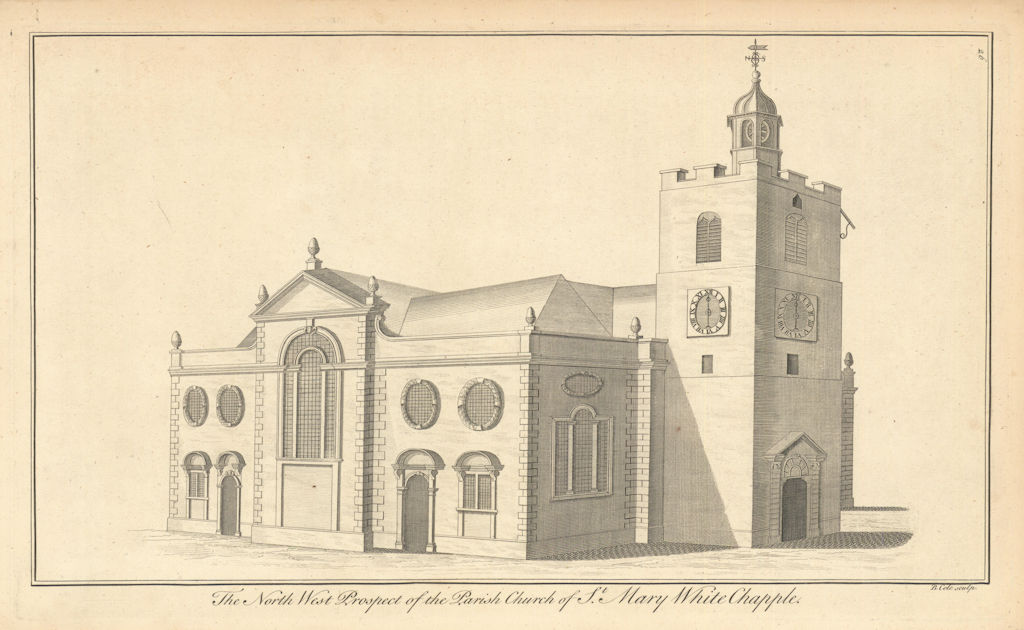 St Mary Whitechapel or St. Mary Matfelon church by Benjamin Cole 1760 print