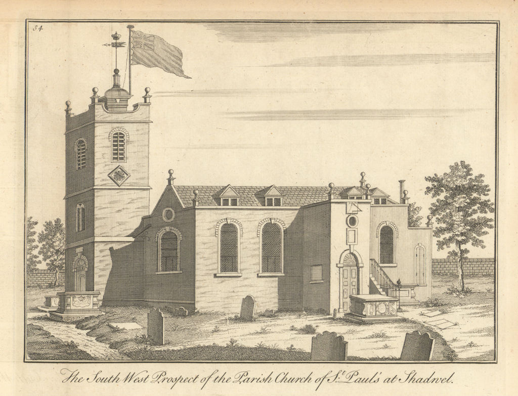 The Parish Church of St Paul's at Shadwell by Benjamin Cole 1760 old print