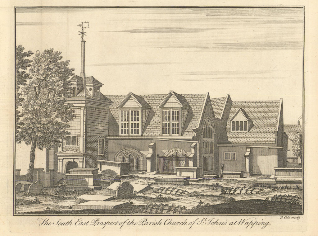 The Parish Church of St John's at Wapping by Benjamin Cole 1760 old print