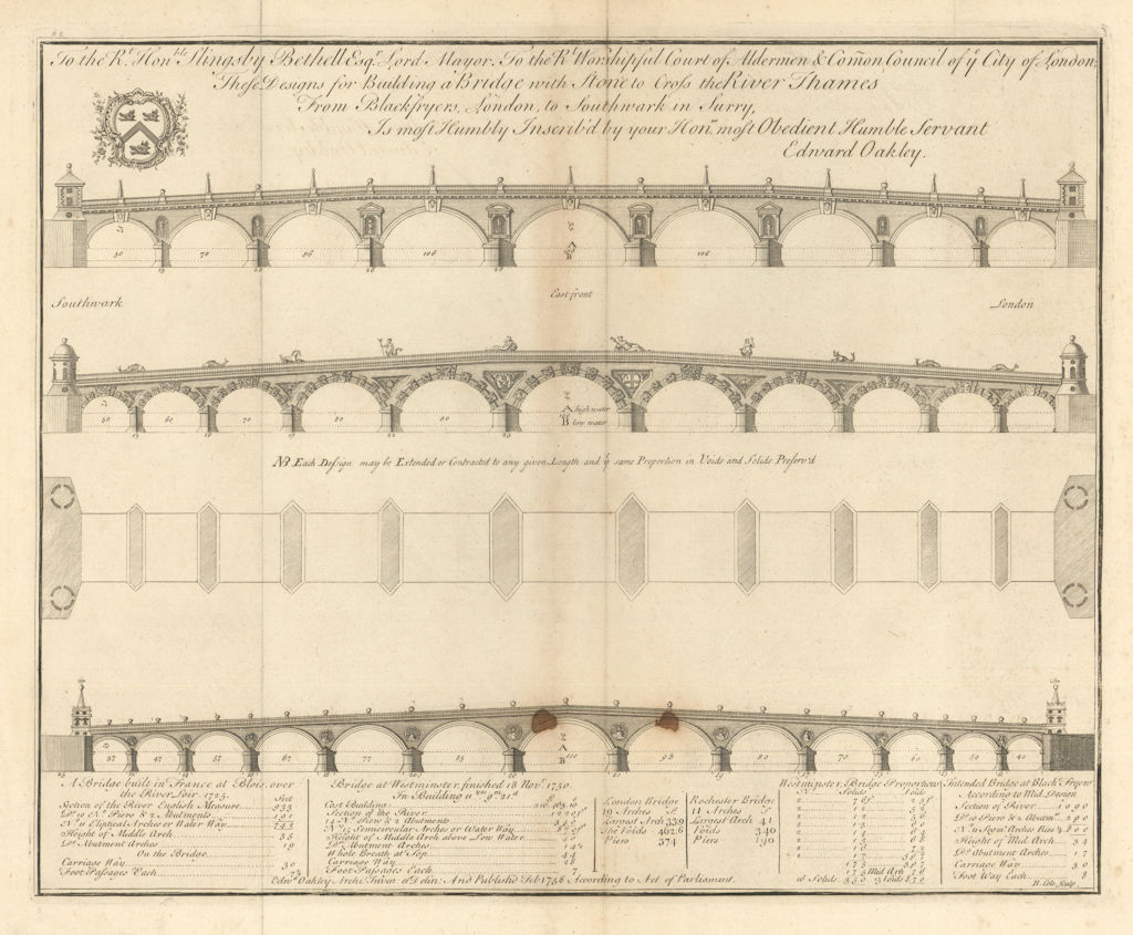 Design for Blackfriars Bridge by Edward Oakley. Blackfryers 1760 old print