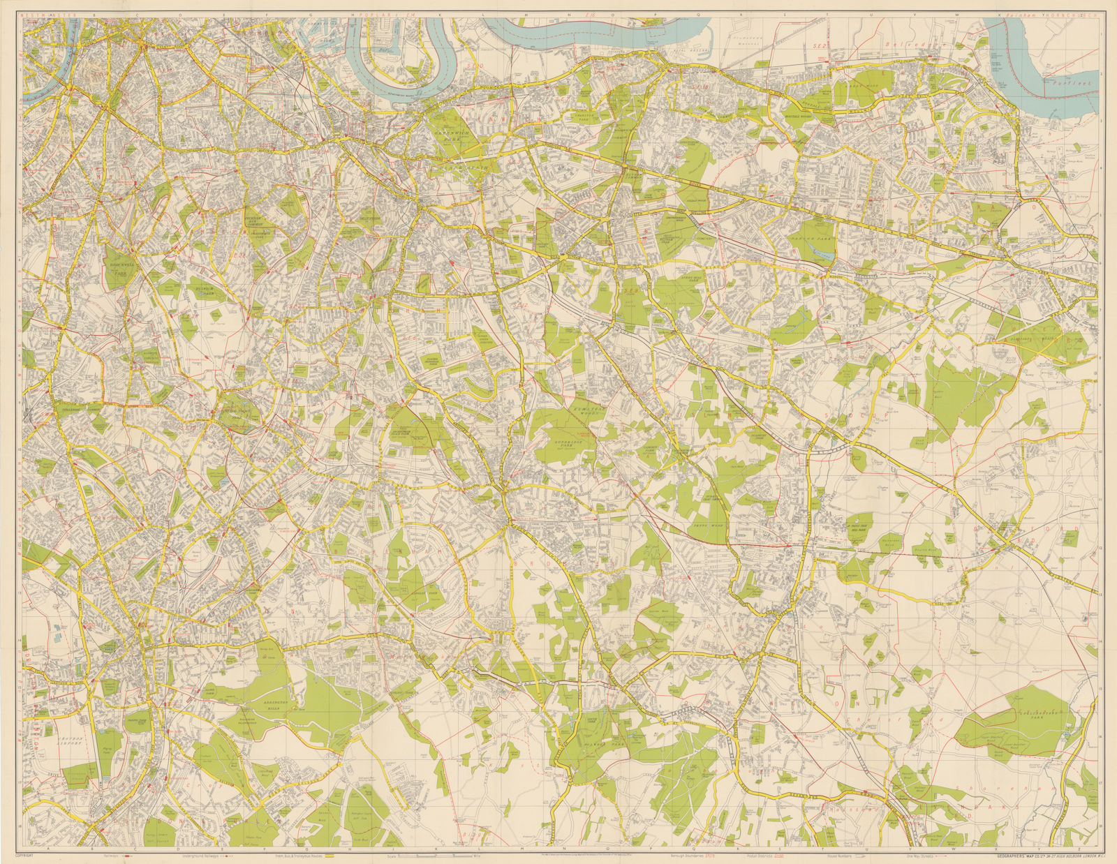 Associate Product Geographers' Greater London Map - South East Sheet 88x113cm 1949 old