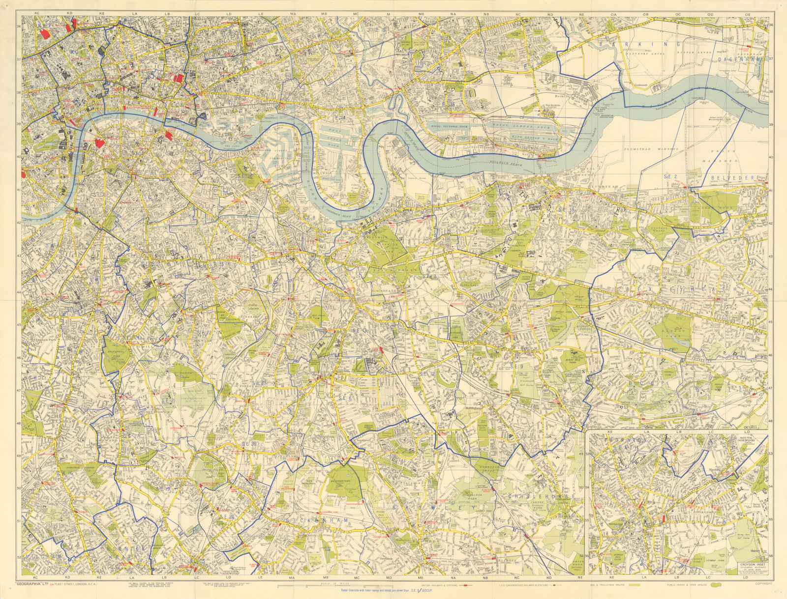 Geographia Greater London Plan - South East Sheet 79x104cm c1965 old map