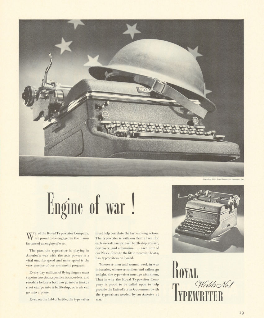 Associate Product Royal Typewriter - World's No.1 - Engine of war! Advert 1942 old vintage print