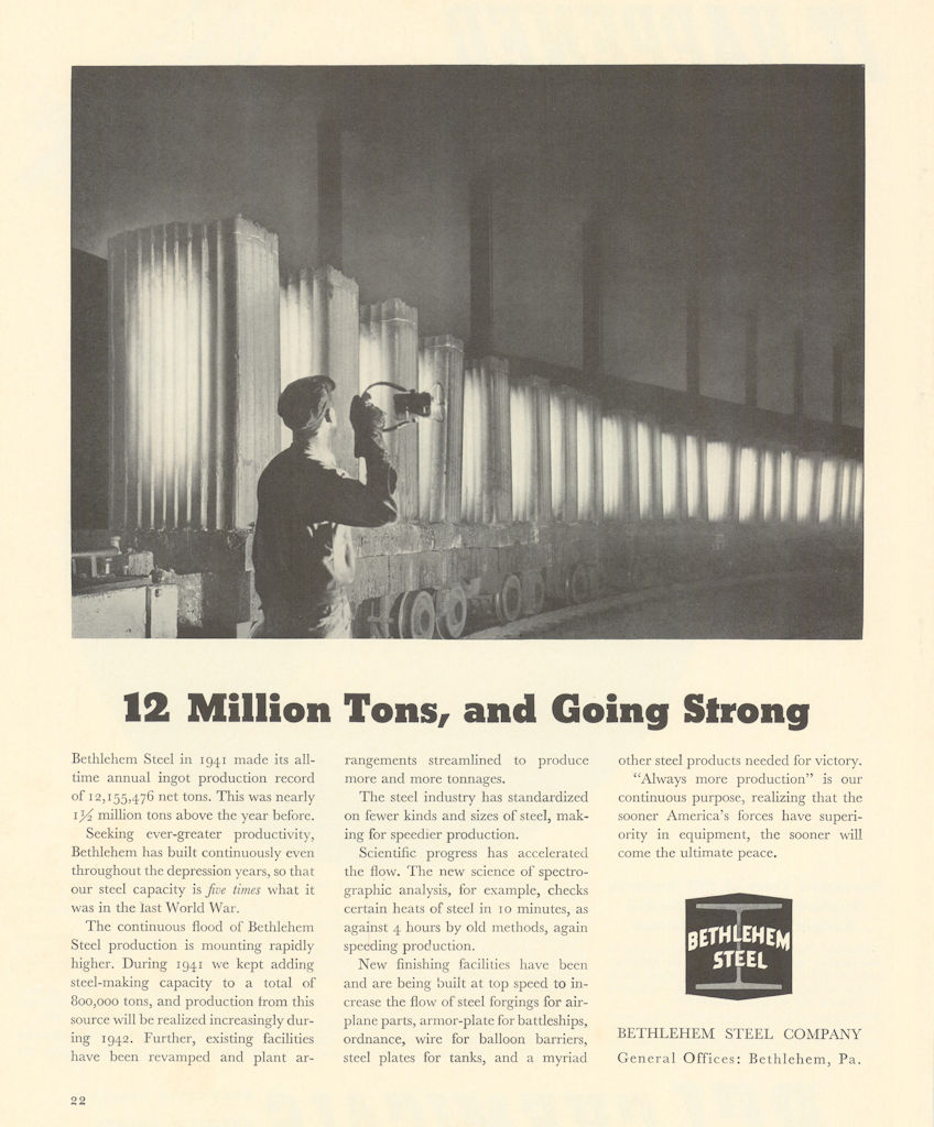 Associate Product Bethlehem Steel Company. 12 Million Tons, and Going Strong. Advert 1942 print