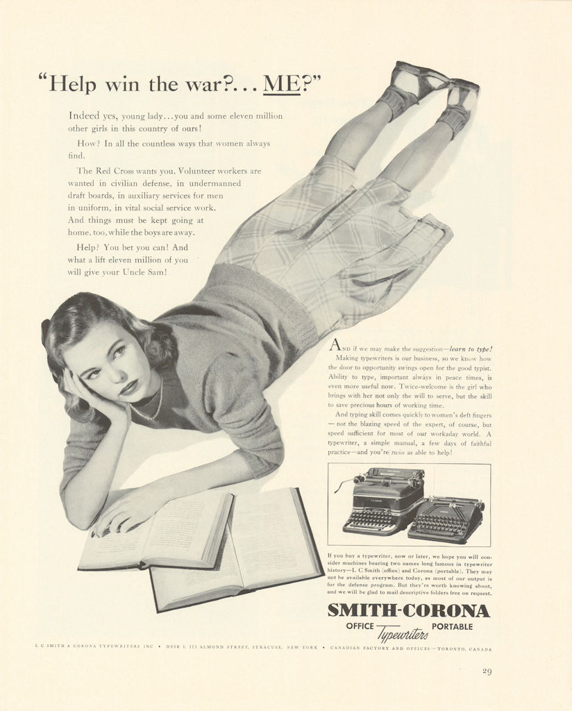 Associate Product Smith-Corona Office Portable Typewriters. "Help win the war?... ME?" Advert 1942