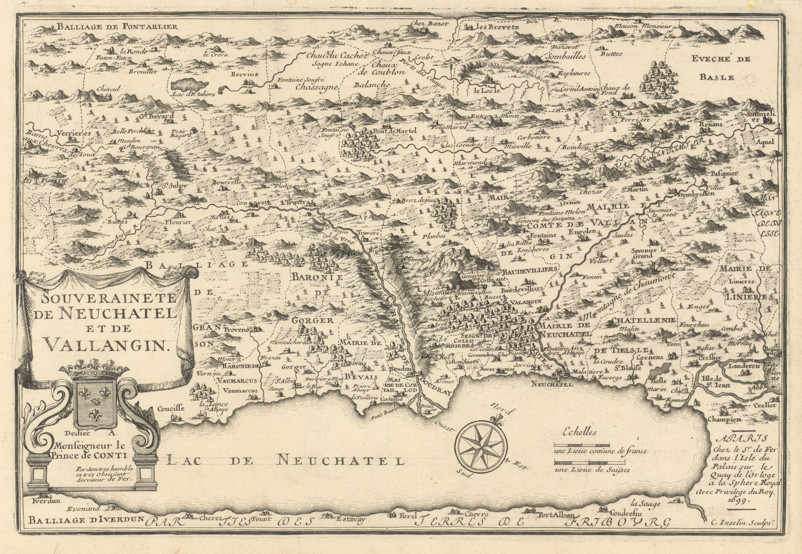 Associate Product Souveraineté de Neuchatel et de Vallangin. Canton of Neuchâtel. DE FER 1699 map