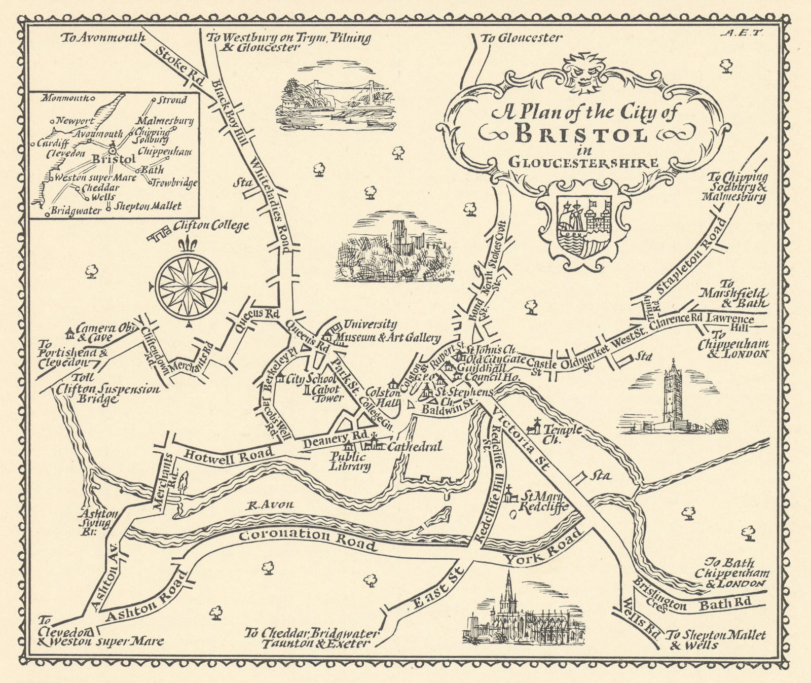 A plan of the City of Bristol in Gloucestershire by A.E. Taylor c1934 old map