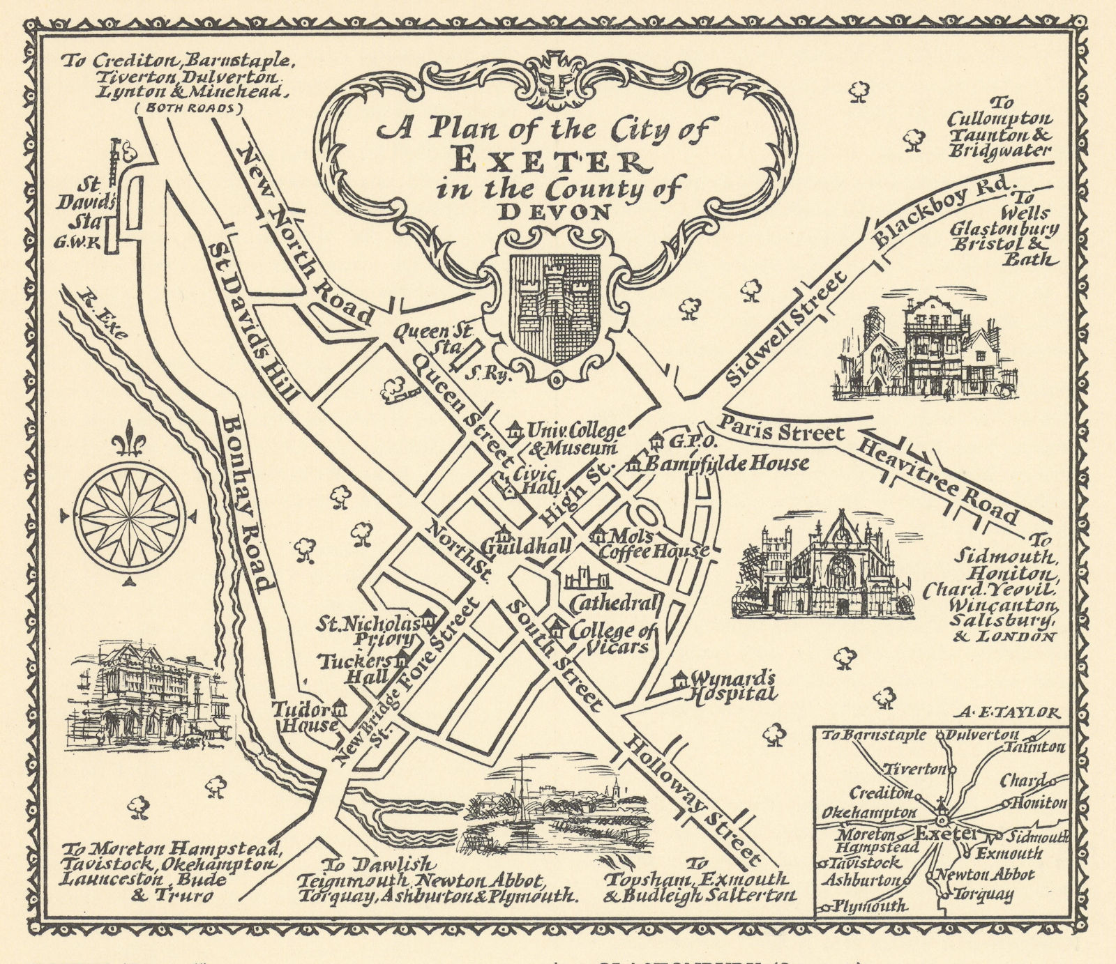 A plan of the City of Exeter in the County of Devon by A.E. Taylor c1934 map