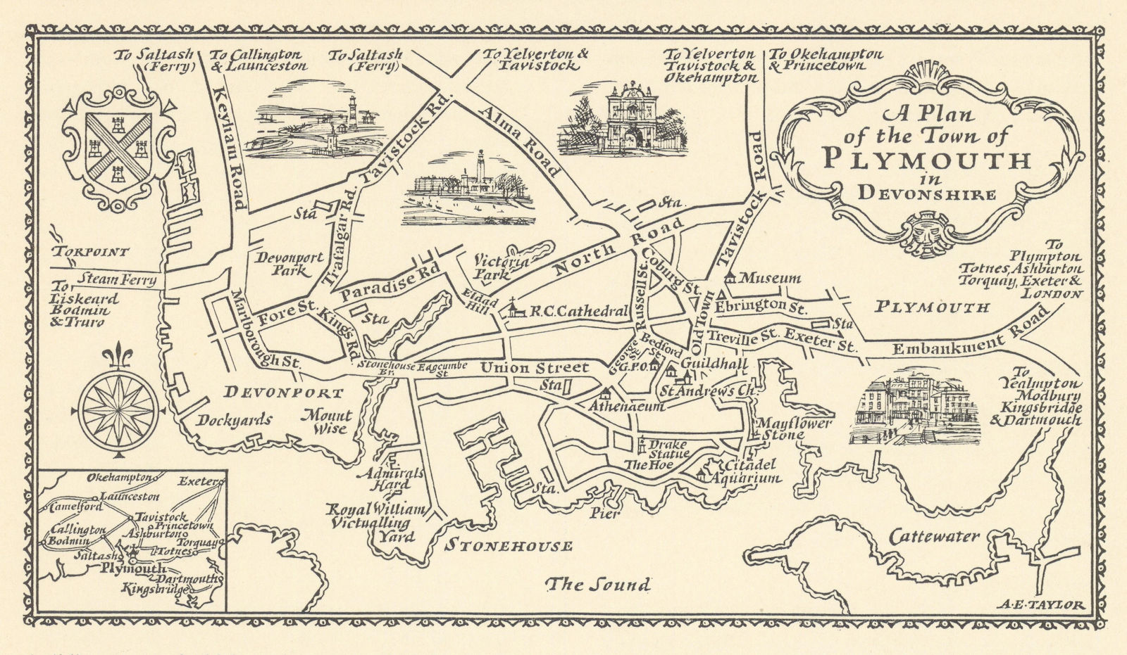 A plan of the Town of Plymouth in Devonshire by A.E. Taylor c1934 old map