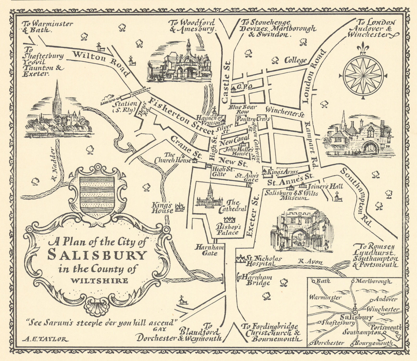 A plan of the City of Salisbury in Wiltshire by A.E. Taylor c1934 old map