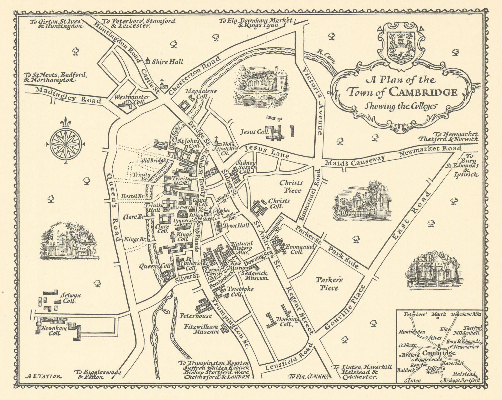 A plan of the Town of Cambridge Showing the Colleges by A.E. Taylor c1934 map