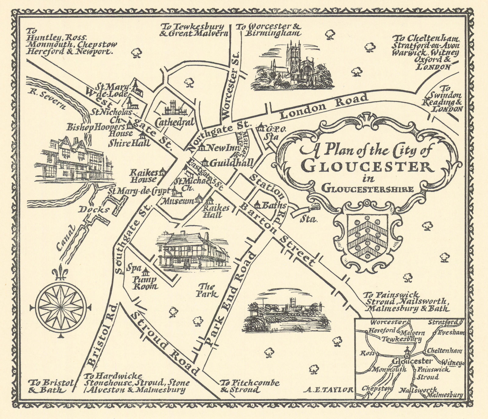 A plan of the City of Gloucester in Gloucestershire by A.E. Taylor c1934 map