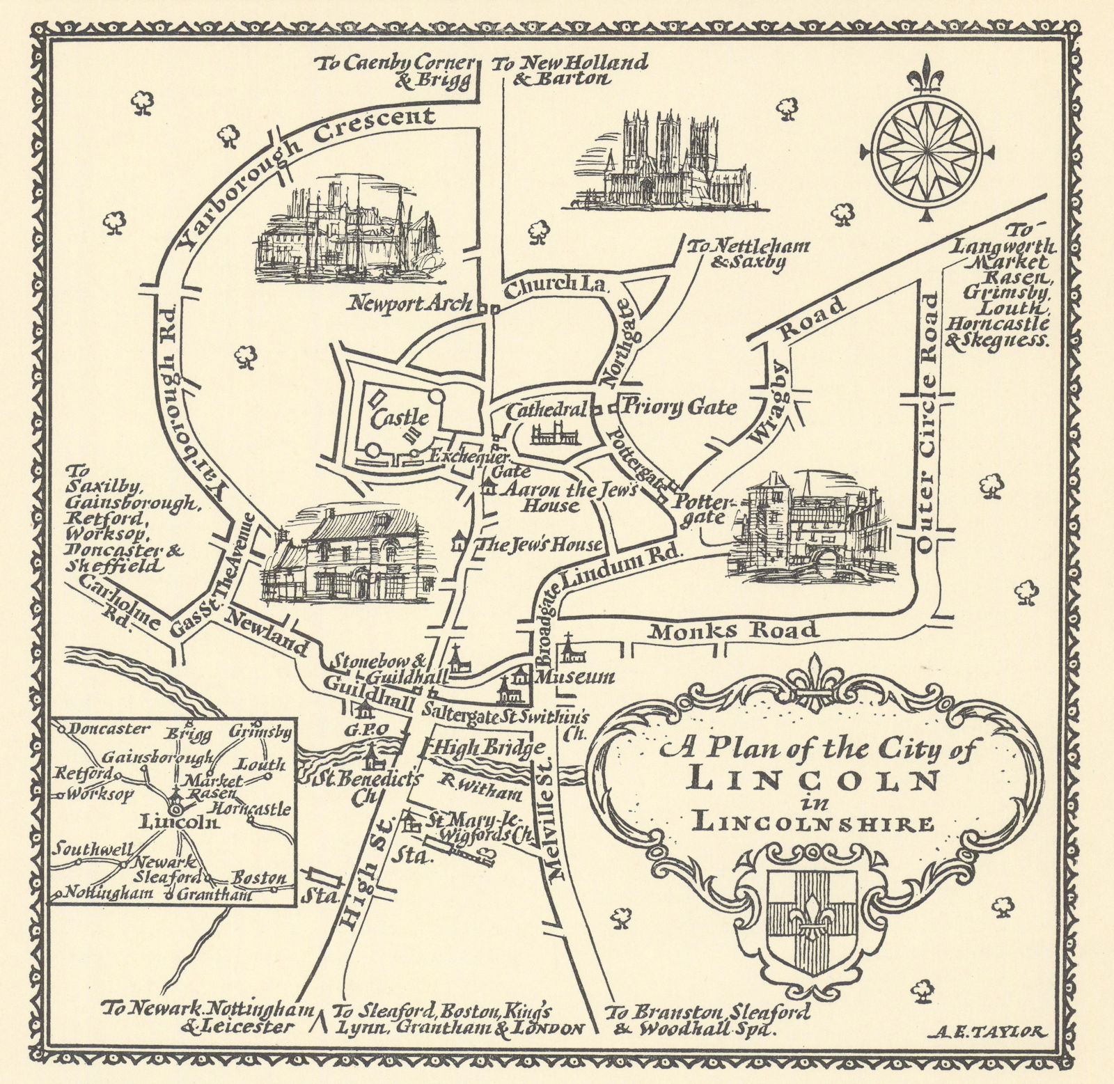 A plan of the City of Lincoln in Lincolnshire by A.E. Taylor c1934 old map