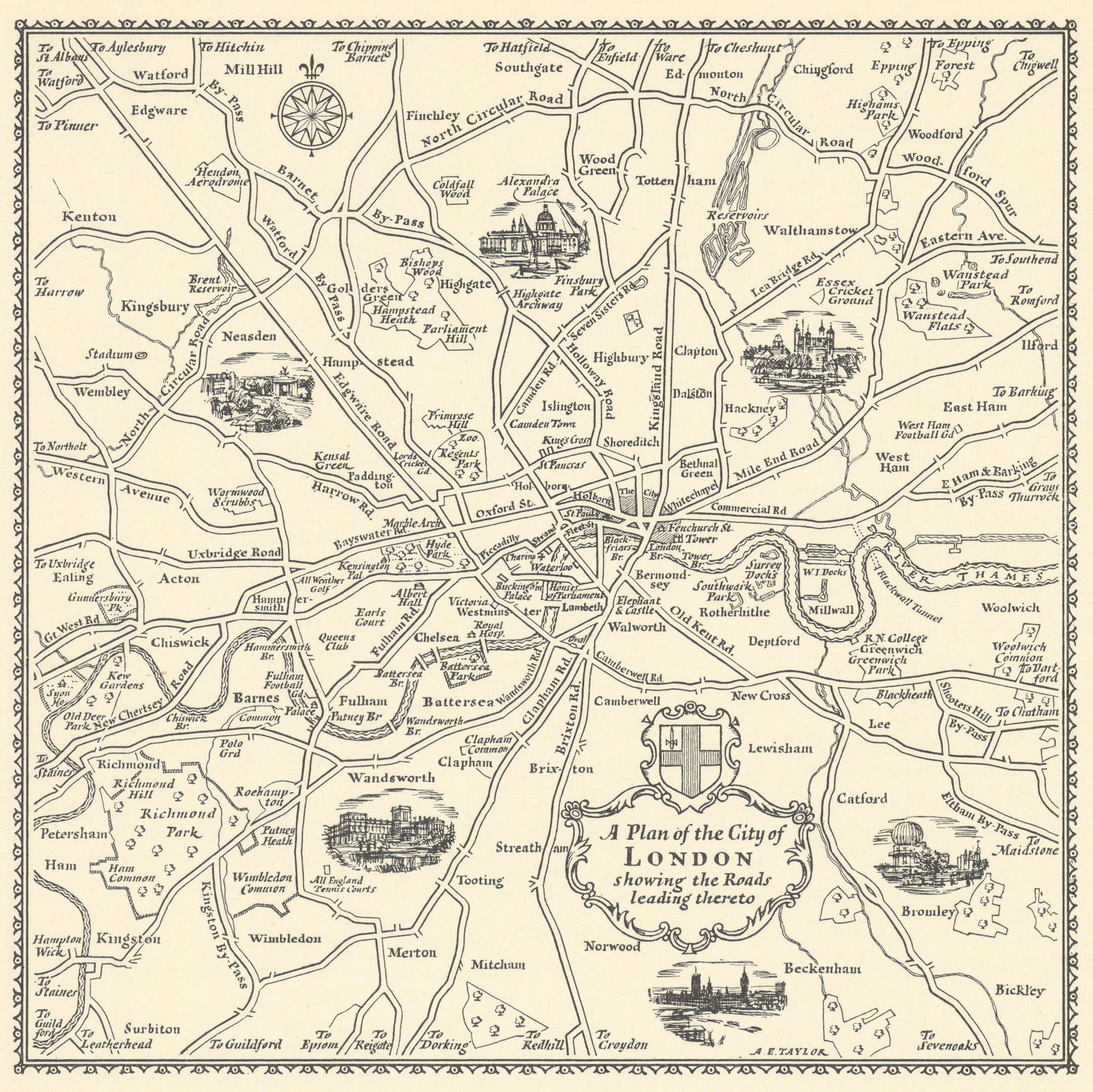 A plan of the City of London Showing the Roads… thereto by A.E. Taylor c1934 map