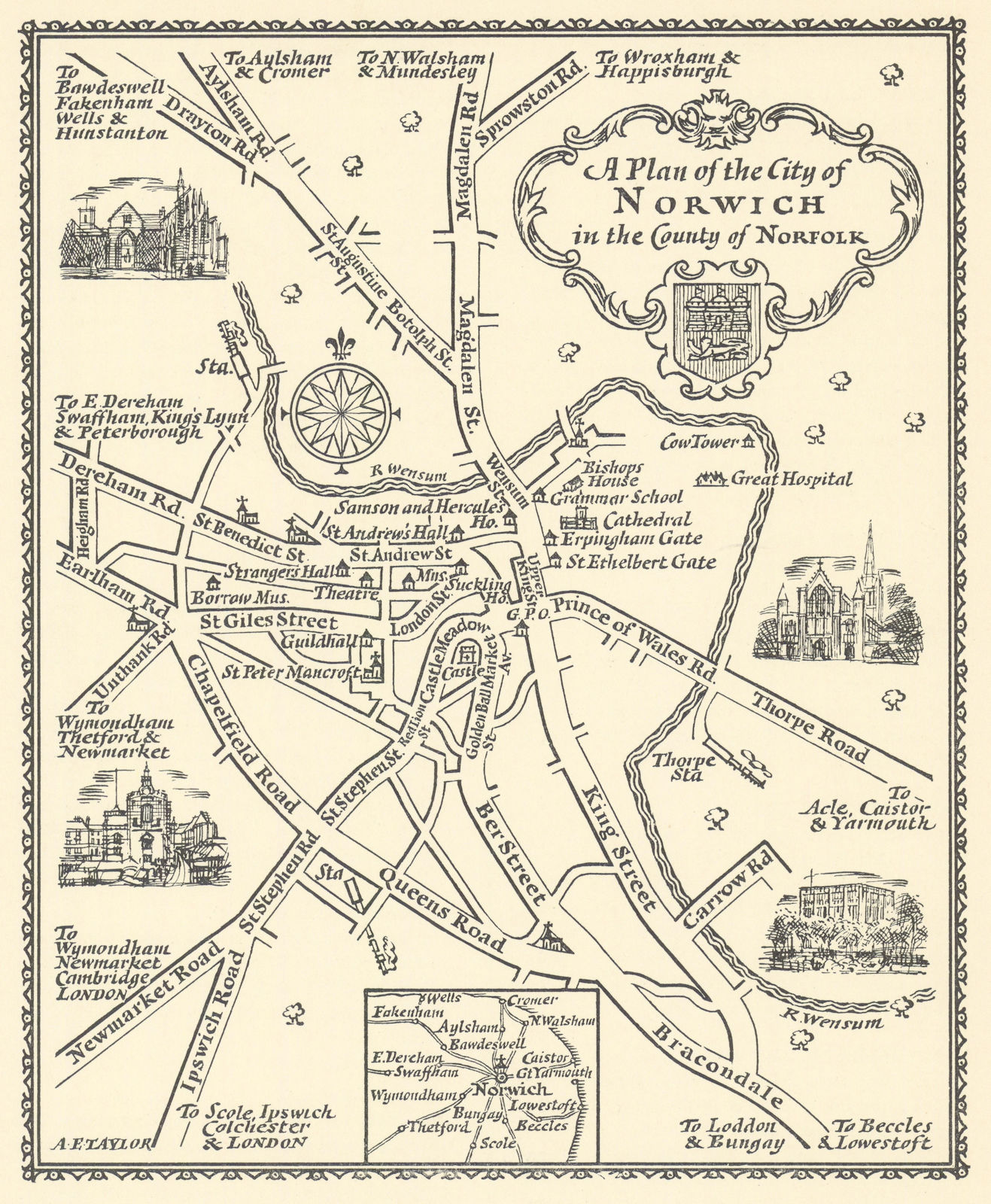 A plan of the City of Norwich in the County of Norfolk by A.E. Taylor c1934 map
