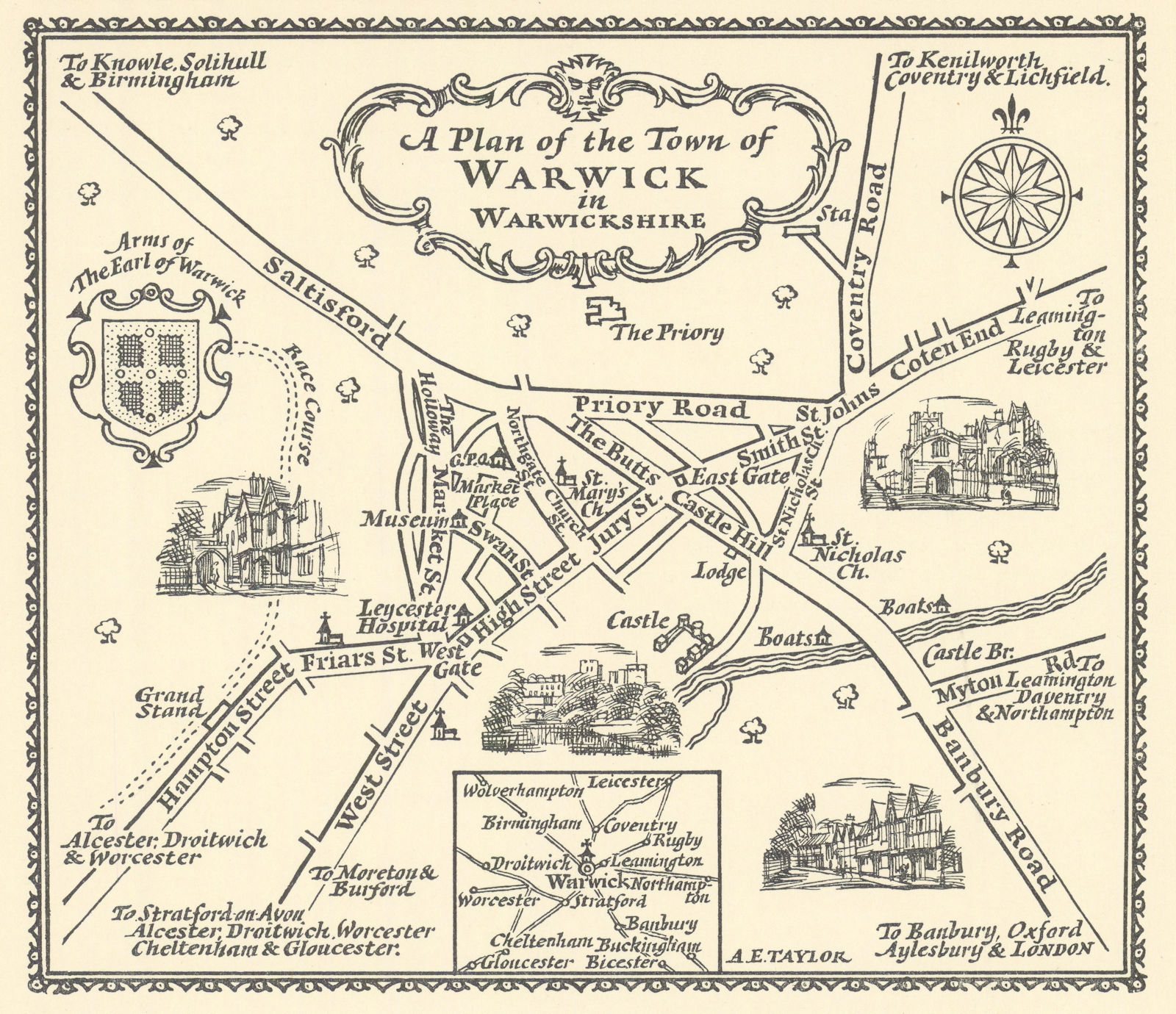 A plan of the Town of Warwick in Warwickshire by A.E. Taylor c1934 old map