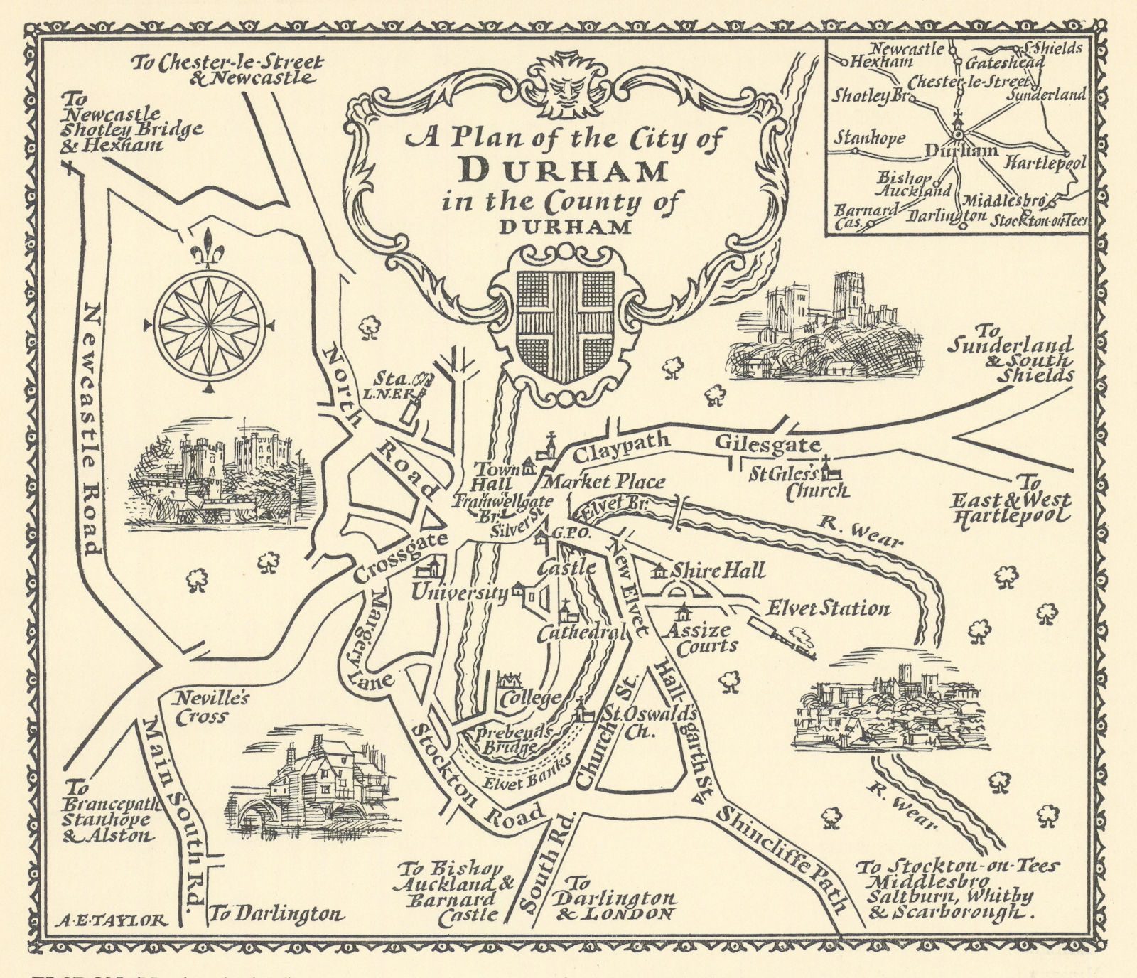 A plan of the City of Durham in the County of Durham by A.E. Taylor c1934 map