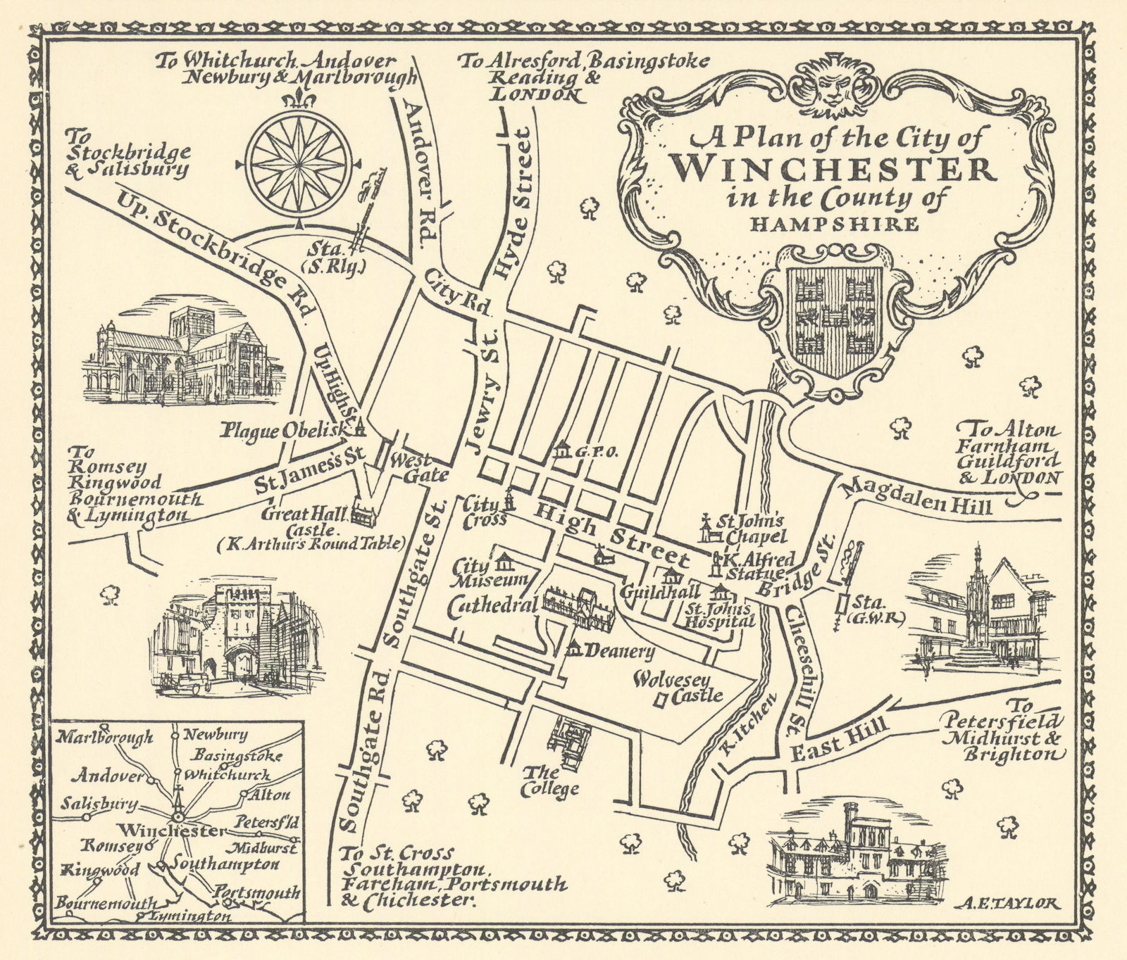 A plan of the City of Winchester in Hampshire by A.E. Taylor c1934 old map