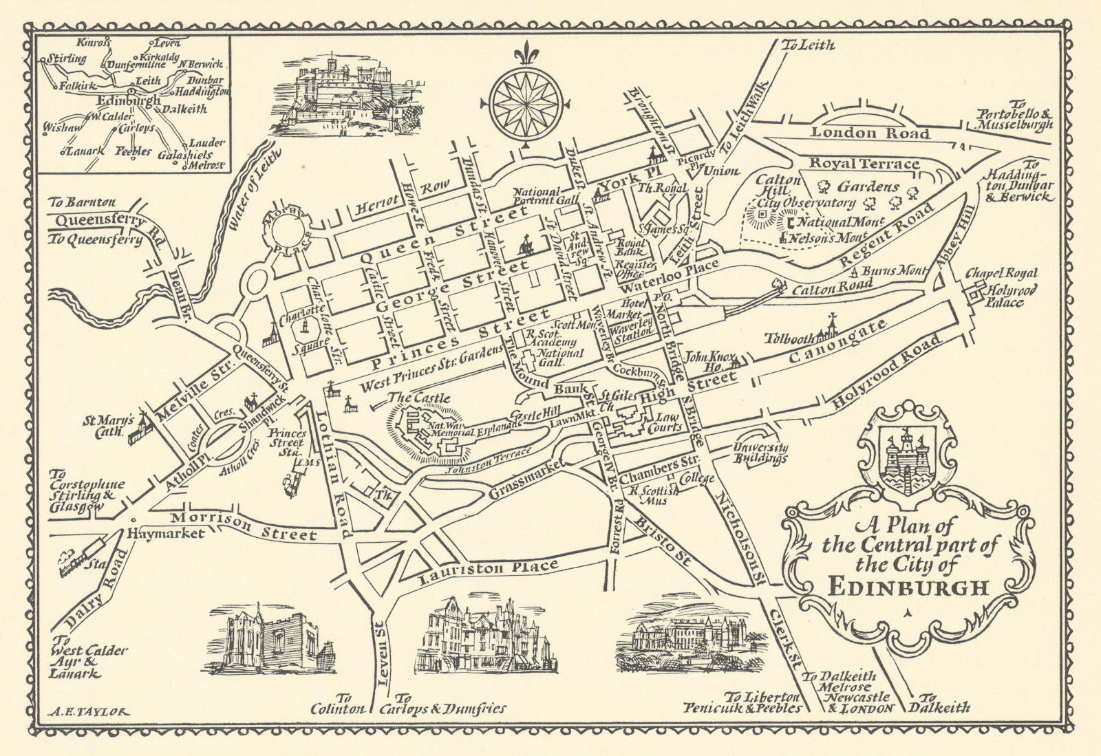 A plan of the central part of the City of Edinburgh by A.E. Taylor c1934 map