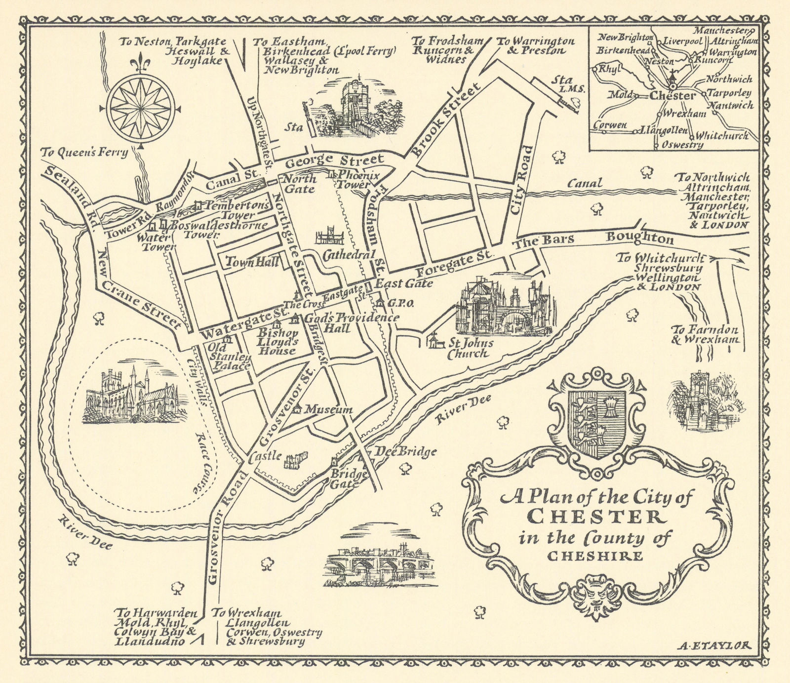 A plan of the City of Chester in the County of Cheshire by A.E. Taylor c1934 map