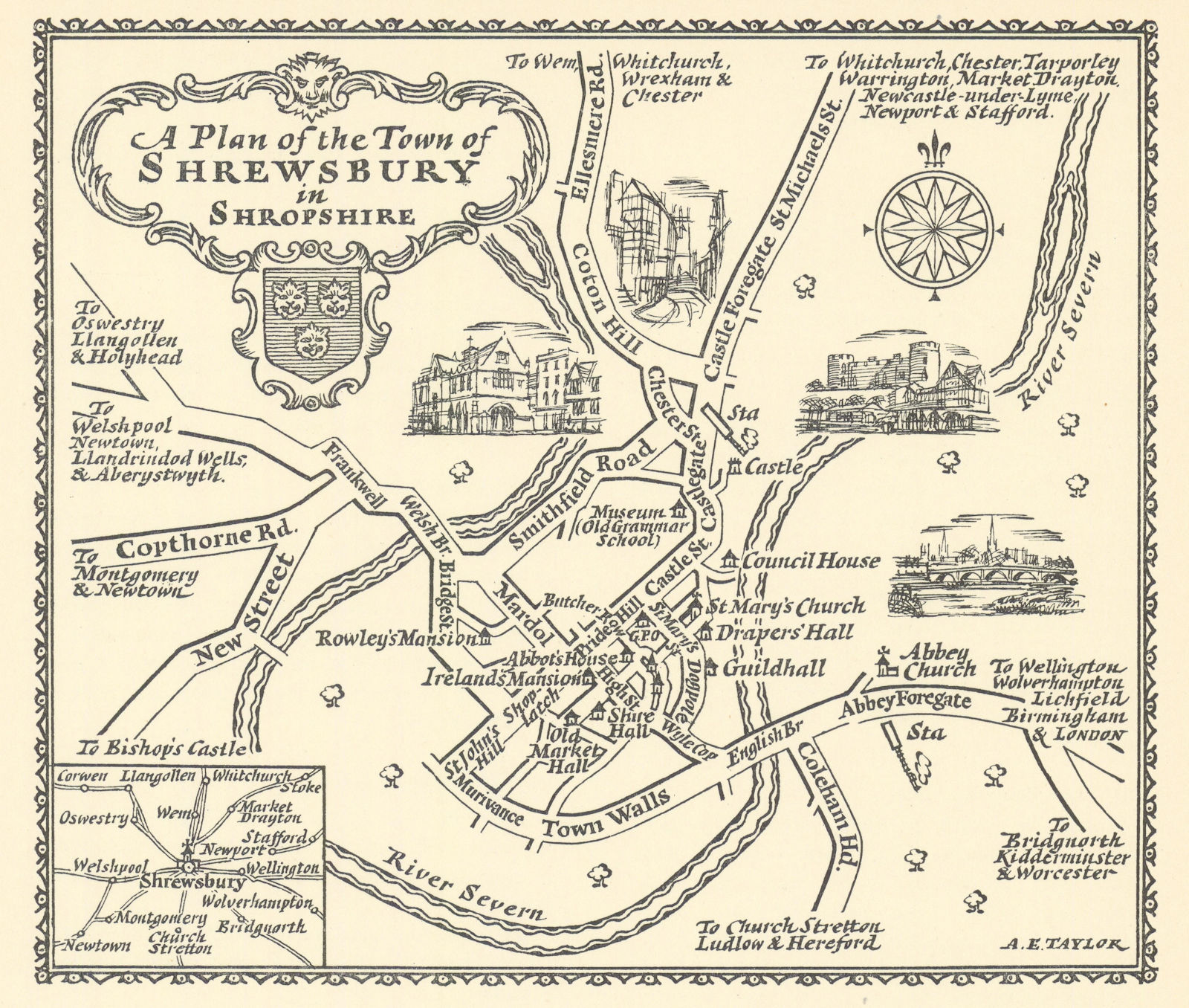 A plan of the Town of Shrewsbury in Shropshire by A.E. Taylor c1934 old map