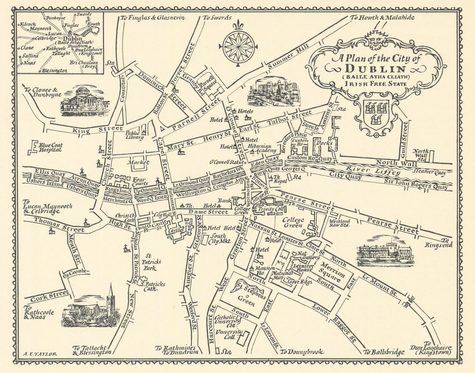 A plan of the City of Dublin, Irish Free State by A.E. Taylor c1934 old map