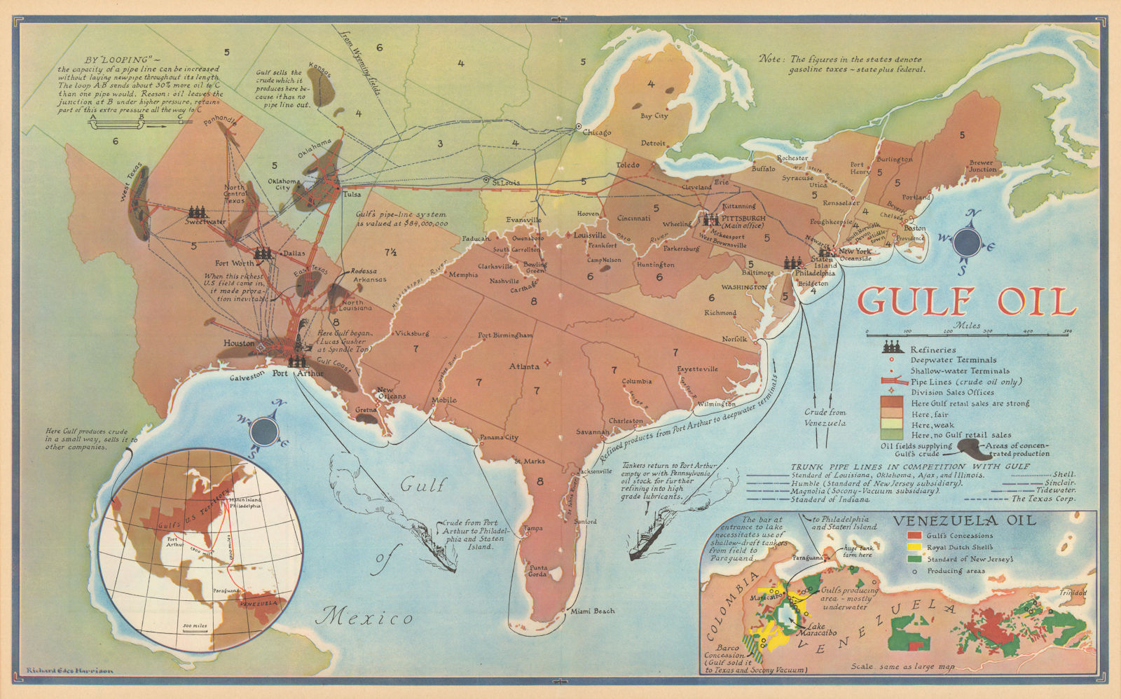 Gulf Oil by Richard Edes Harrison. Texas, Oklahoma & Venezuela 1937 old map