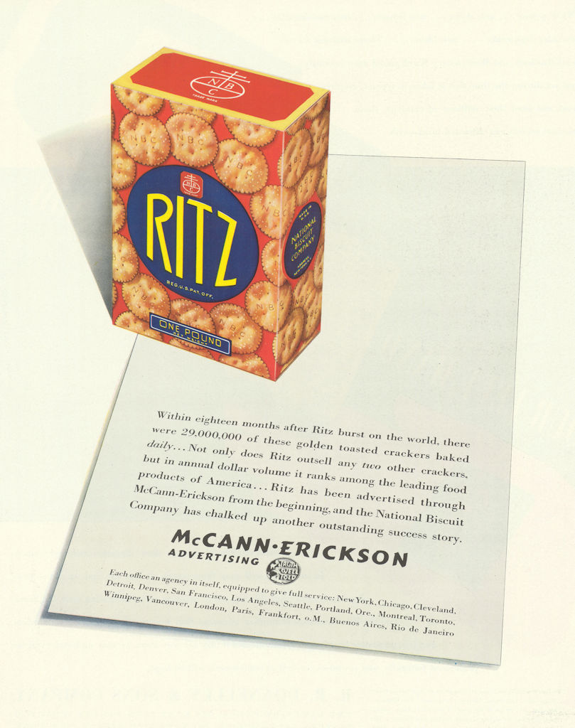 Ritz Crackers - Within 18 months… McCann-Erickson Advertising 1937 old print