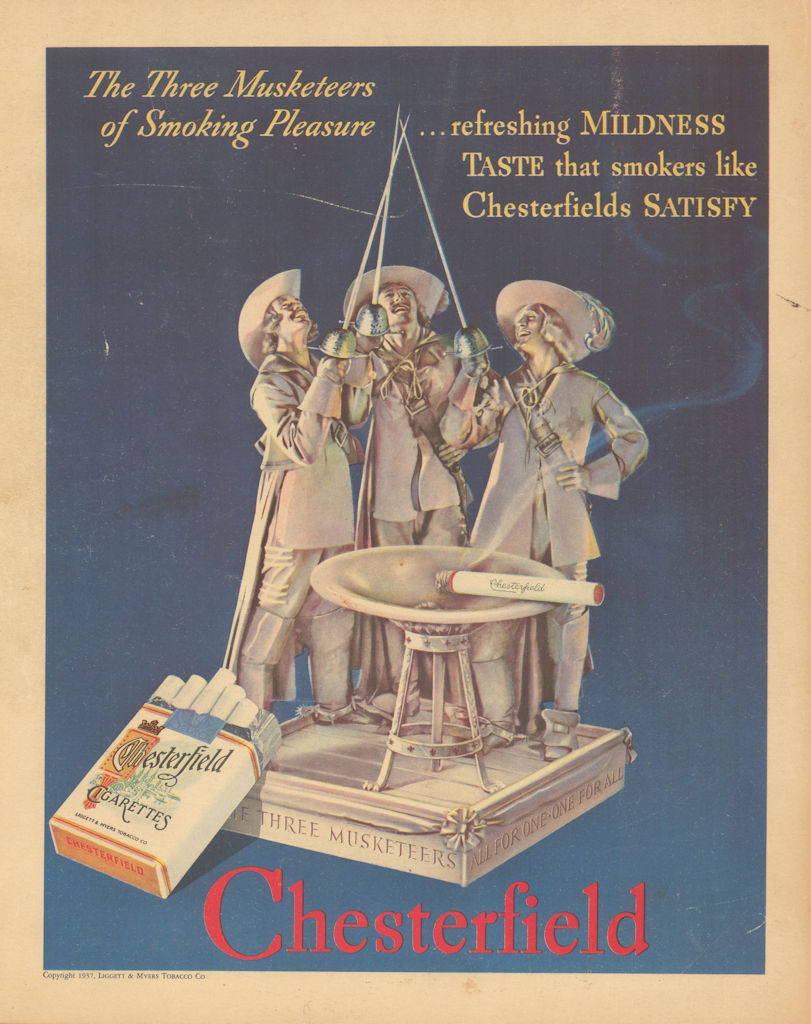 Chesterfield - The Three Musketeers of Smoking Pleasure… Advert 1937 old print