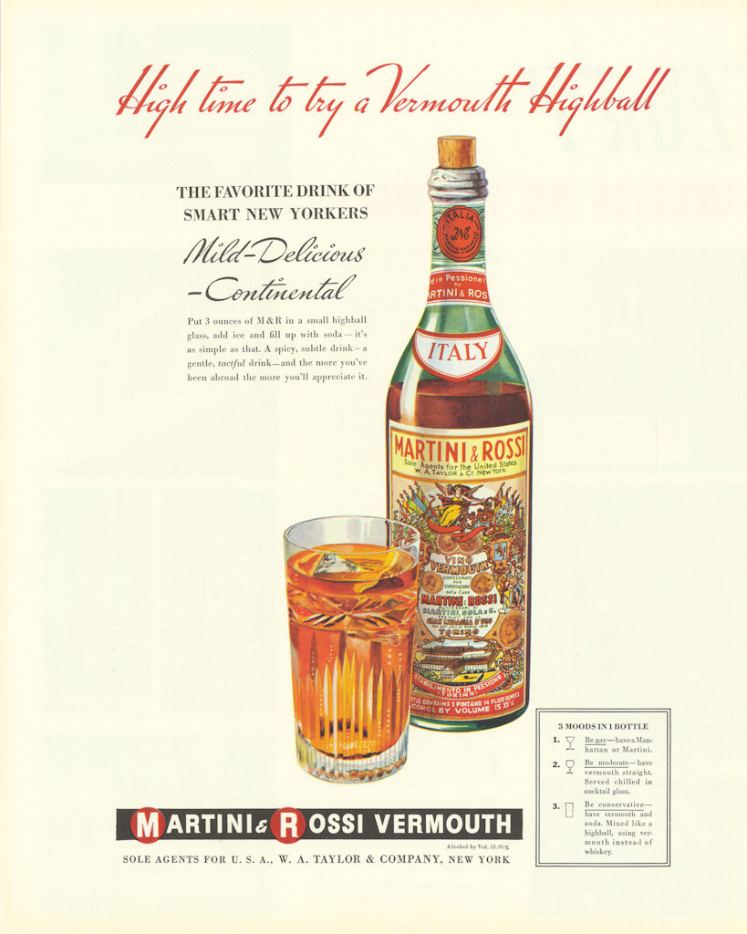 Martini & Rossi Vermouth - High time to try a Vermouth Highball. Advert 1939