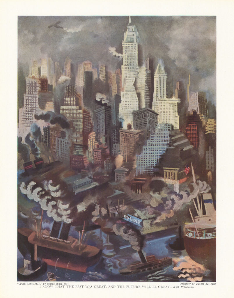 "Lower Manhattan" by George Grosz, 1934. Magazine reprint 1939 old