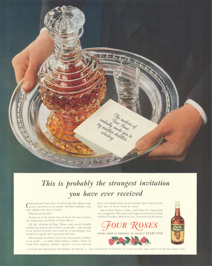 Four Roses Whiskey. The strangest invitation you have ever received. Advert 1939