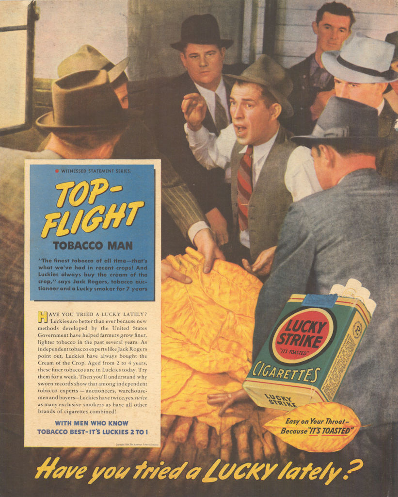 Lucky Strike. Top-Flight Tobacco Man. Have you tried a Lucky lately? Advert 1939