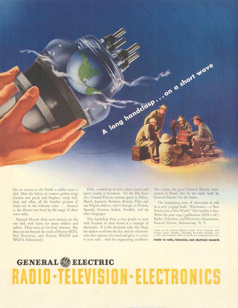 General Electric - A long handclasp… Radio Television Electronics. Advert 1943