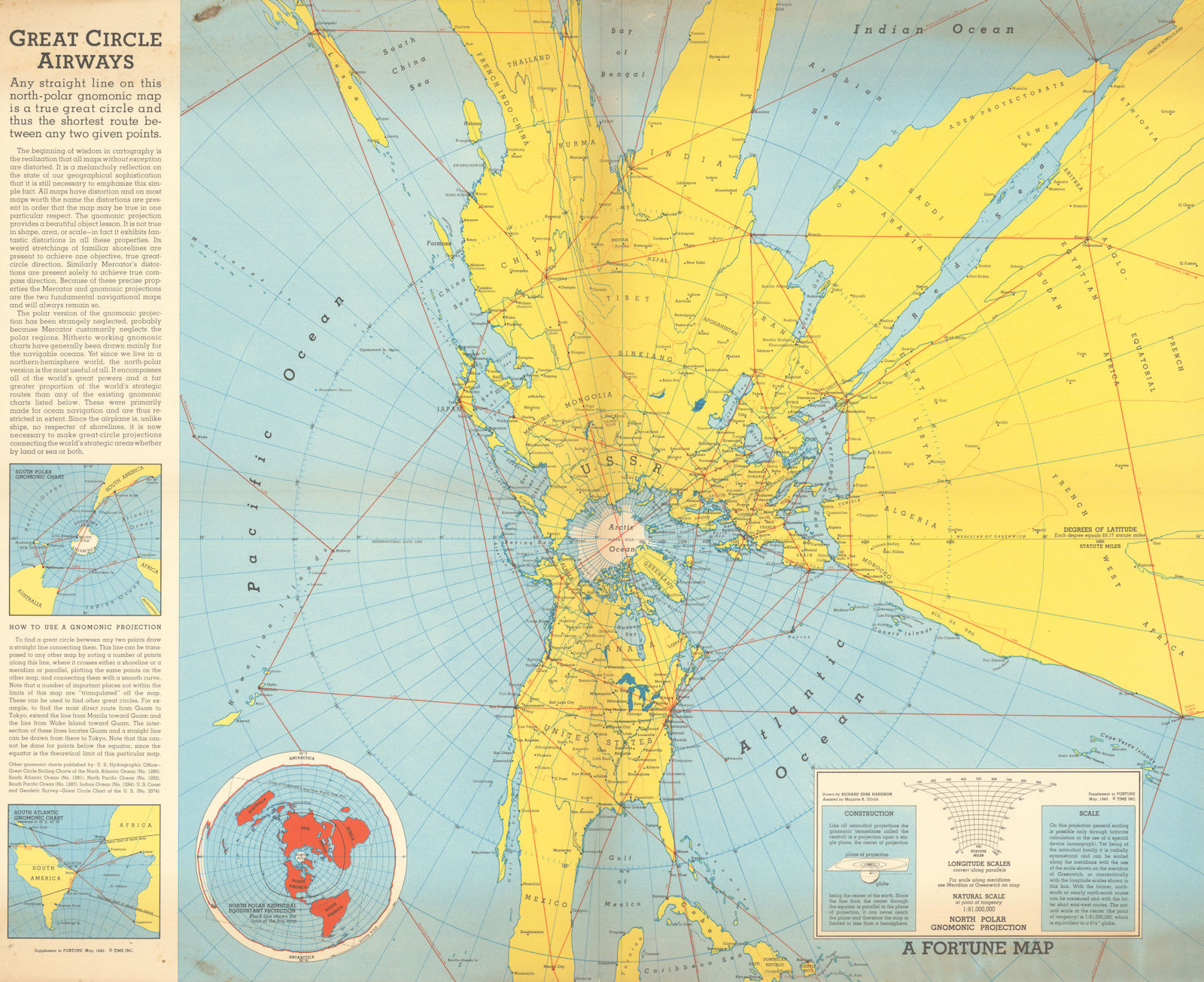 Great Circle Airways by Richard Edes Harrison. Geostrategic persuasive map 1943