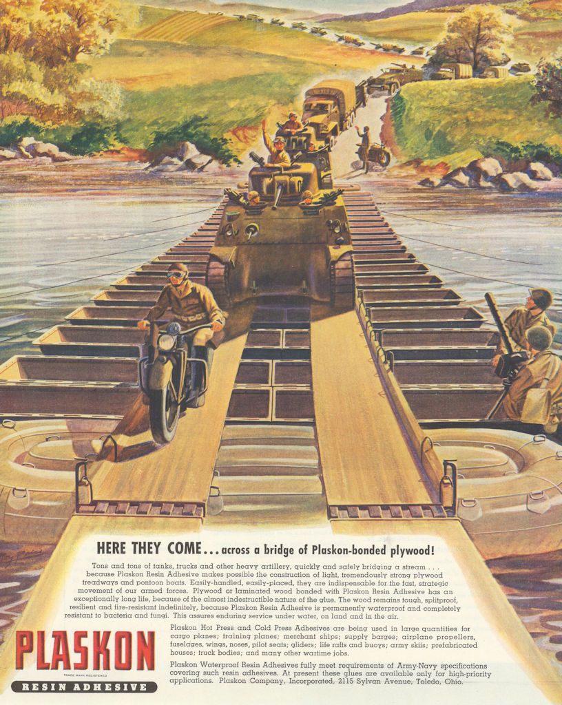 Plaskon Resin Adhesive - Here They Come… across a bridge of Plaskon… Advert 1943