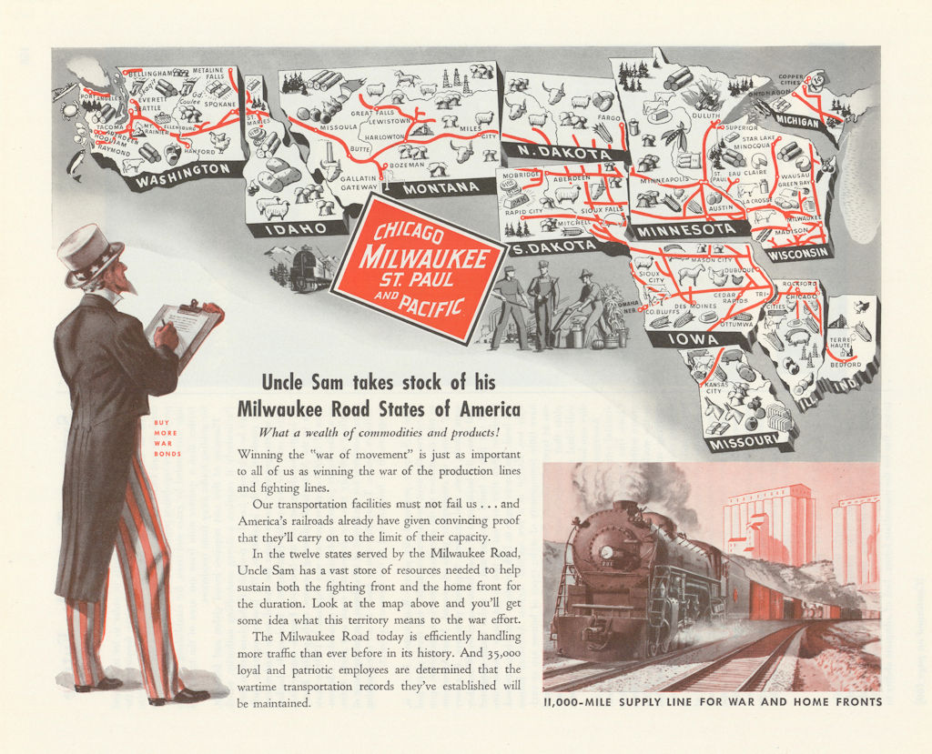 Chicago Milwaukee St. Paul & Pacific - Uncle Sam takes stock… Advert 1943 map